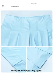 Macro view of light blue pleated tennis skirt with built-in safety shorts and pocket