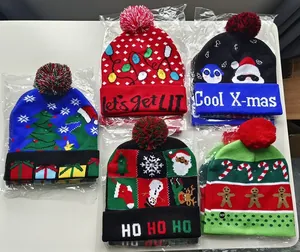 Set of colorful LED light-up Christmas knit beanies with various festive holiday patterns