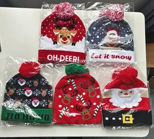 Selection of festive Christmas knit beanies with LED lights and holiday character designs