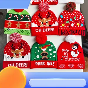 LED Light Up Christmas Knitted Beanie Hat Acrylic Warm Winter Jacquard Cap With Pom Pom For Xmas Holiday Party Decor