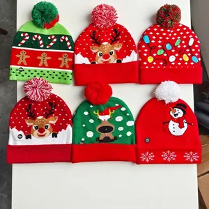 LED Light Up Christmas Knitted Beanie Hat Acrylic Warm Winter Jacquard Cap With Pom Pom For Xmas Holiday Party Decor