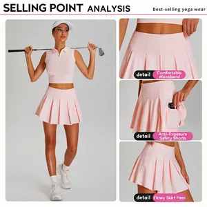Pink sun-protective pleated athletic skirt for tennis and yoga outdoor fitness wear