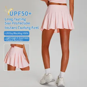 High-waisted pink UPF50+ pleated tennis skirt for women outdoor sports and fitness