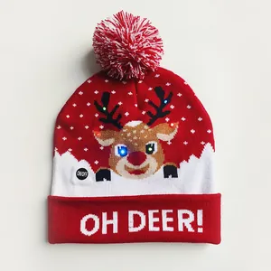 Festive Christmas LED light-up beanie hat with reindeer design and OH DEER text