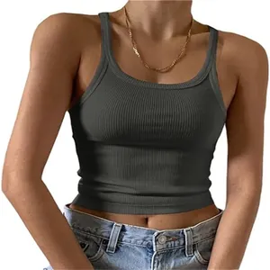 Αμάνικο σκούρο γκρι ριμπ crop top γυναικείο φανελάκι σε στενή γραμμή και μοντέρνο στυλ