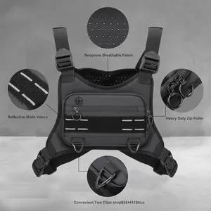 Black multi-functional tactical chest vest bag with reflective Molle and breathable fabric.