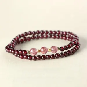 Natural red garnet beaded bracelet with decorative pink strawberry quartz beads