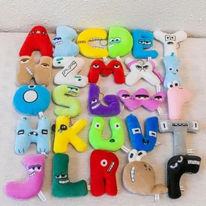 Detailed view of colorful Alphabet Lore plush toy keychains arranged in a neat grid.
