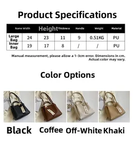 Detailed size chart and multi-color options for women's large capacity PU bucket bag set