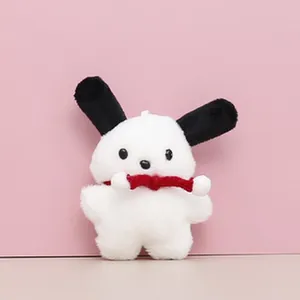 Cute white plush puppy doll keychain with long black ears and small red scarf detail
