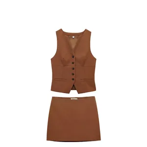 Ensemble Haut Gilet à Col en V et Mini Jupe Trapèze Taille Haute pour Femmes Design de Niche Française Coton
