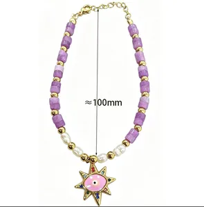 Detail view of colorful evil eye stone beaded bracelet with 100mm measurement line