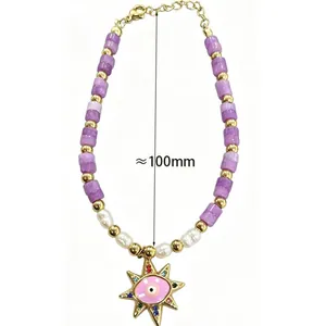 Pink evil eye sun pendant beaded bracelet with 18K gold plating and stone beads