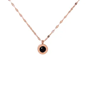 Rose gold stainless steel necklace with black crystal and Roman numeral pendant