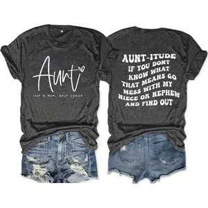 Grijs dames T-shirt met Aunt tekstprint aan beide zijden voor een leuke casual look