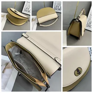 Detailed views of a contrast color saddle bag featuring a woven handle and metal lock