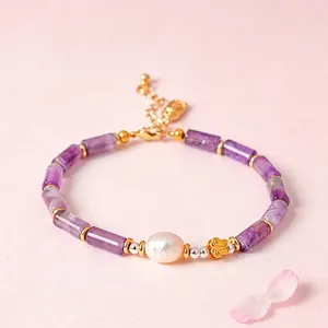 Elegant natural purple amethyst bamboo-joint beaded bracelet with central freshwater pearl