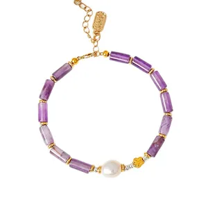 Natural purple amethyst bamboo bracelet with freshwater pearl and gold butterfly charm.