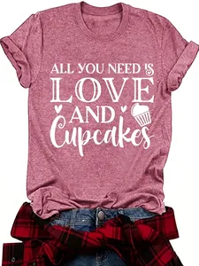 Casual pink short sleeve t-shirt for women featuring Love and Cupcakes graphic print