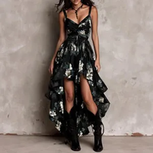 Elegant black floral print high-low dress featuring ruffled hem and spaghetti straps