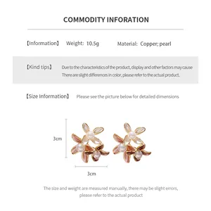 Detailed specifications of 18K gold plated flower earrings with pearls and dimensions