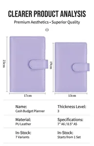 Dimensions and specifications for purple A5 and A6 PU leather loose-leaf budget planners.