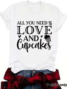 Women's white crew neck T-shirt with 'Love and Cupcakes' graphic print design