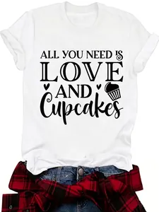 Women's white crew neck T-shirt with 'Love and Cupcakes' graphic print design