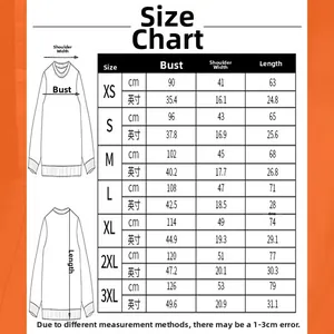 Comprehensive size chart for women's loose long sleeve hoodie including cm and inches
