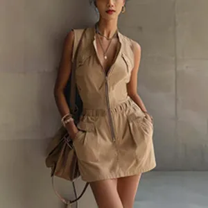 Sleeveless khaki utility mini dress with front zipper and cargo pockets for women.