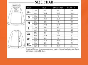 Detailed size guide for women's sweatshirt showing measurements for bust and shoulder