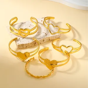 Minimalist gold-plated stainless steel heart-shaped open cuff bracelets for women