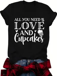 Black casual crew neck short sleeve T-shirt with 'All You Need Is Love and Cupcakes' print