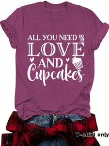 Women's maroon T-shirt with 'Love and Cupcakes' print and round neck