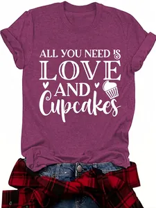 Women's maroon T-shirt with 'Love and Cupcakes' print and round neck