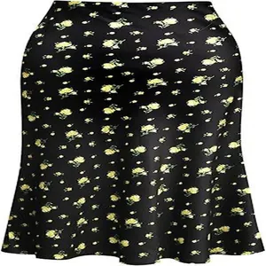 Elegant black satin high-waisted mermaid skirt with yellow floral print detail