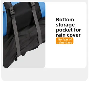 Detail view of the bottom rain cover storage compartment on a blue hiking backpack