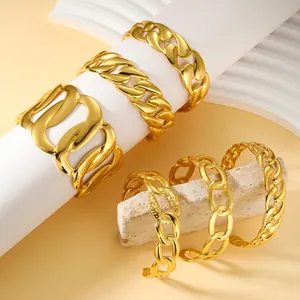Set of minimalist gold-plated stainless steel chain cuff bracelets for men and women.