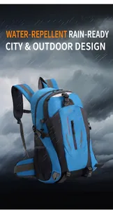 Detaillierte Ansicht eines blauen 40L Wanderrucksacks mit wasserabweisendem Gewebe