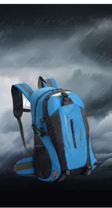 Detailed view of blue 40L outdoor hiking backpack featuring a water-repellent fabric