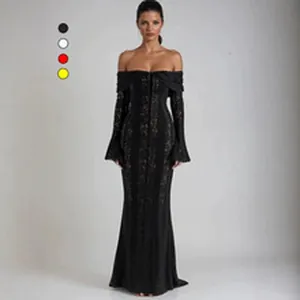Elegant off-the-shoulder black lace mermaid evening dress featuring long flare sleeves