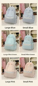 Comparison of minimalist school backpacks in blue, mint green and pink in two sizes.