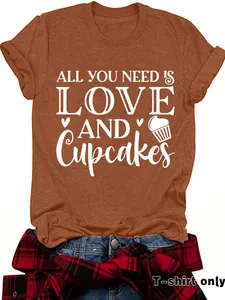 Detail of women's terracotta t-shirt with 'Love and Cupcakes' white graphic print.