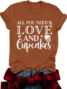Detail of women's terracotta t-shirt with 'Love and Cupcakes' white graphic print.
