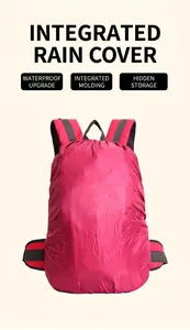 Outdoor hiking backpack with red rain cover for waterproof protection during travel.