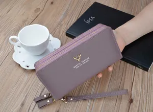 Portafoglio lungo da donna con doppia cerniera, logo a cervo e cinturino da polso