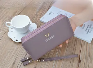 Stylish double zipper long leather wallet for women with deer logo and wristlet strap
