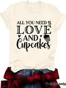 Detail view of cream T-shirt with 'Love and Cupcakes' graphic print.
