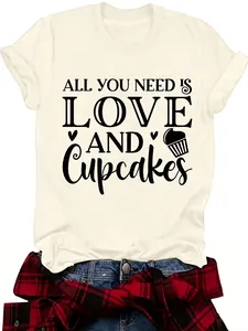 Detail view of cream T-shirt with 'Love and Cupcakes' graphic print.
