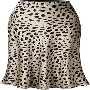 Detail view of an elegant high-waisted satin leopard print fishtail midi skirt.